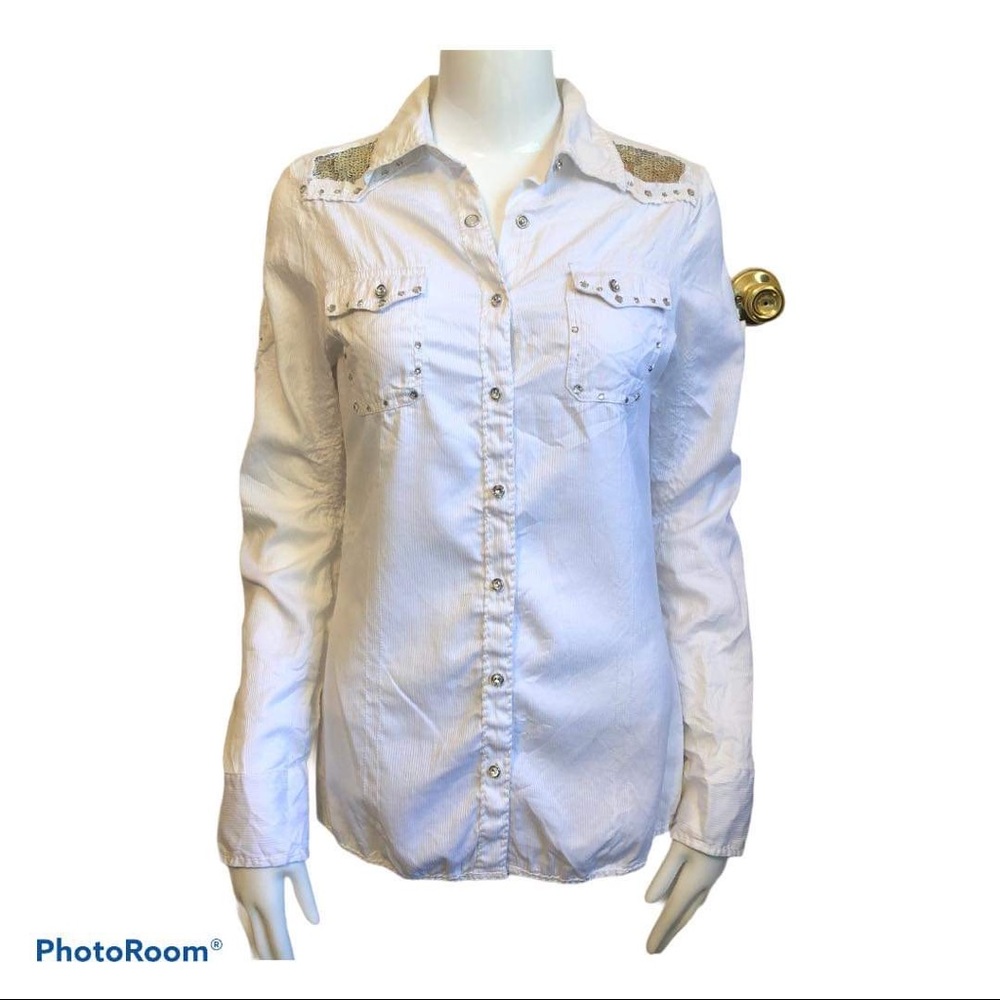 Roar Cotton Button Front Sequin Shirt Sz M